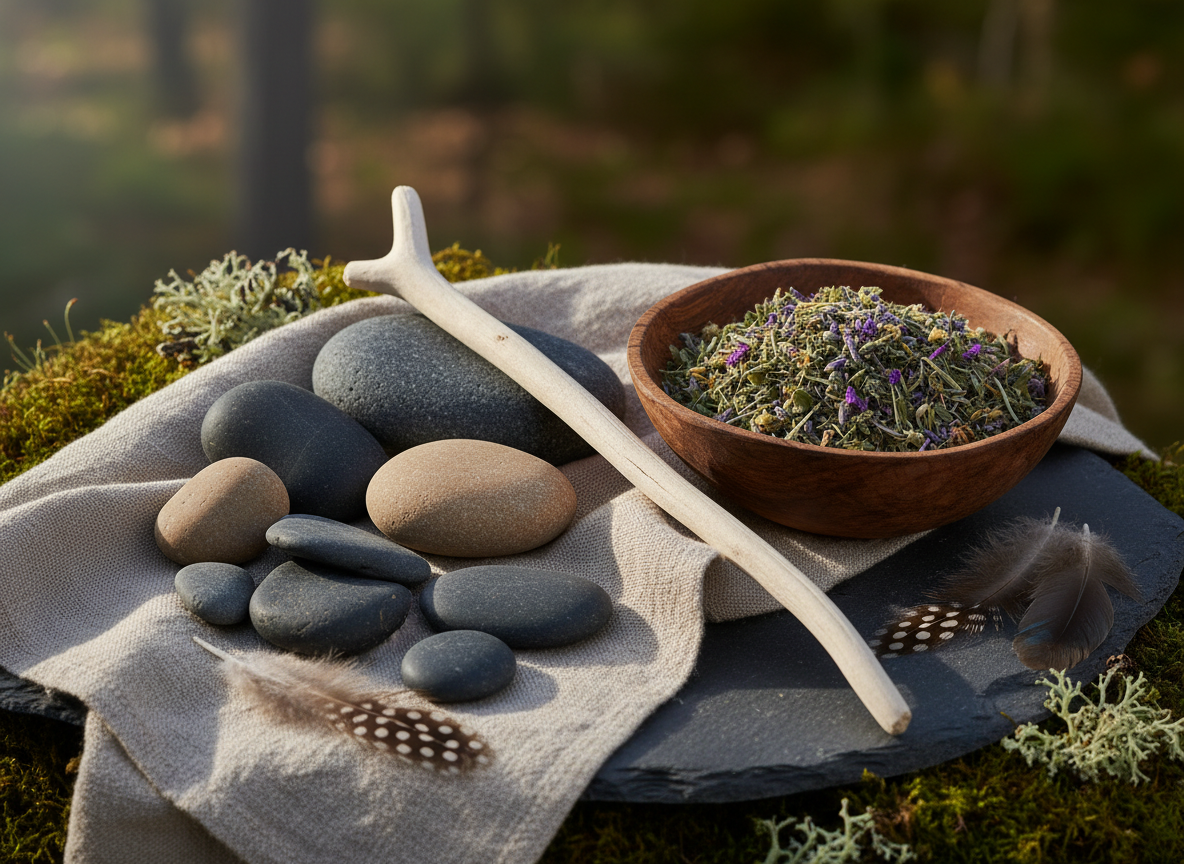 A meticulously arranged altar of natural shamanism featuring a smooth, pale driftwood staff, polished river stones in shades of charcoal and sand, and a hand-carved wooden bowl filled with dried herbs and lavender. The objects rest on an undyed linen cloth atop a dark slate surface, framed by moss, lichen, and scattered feathers. Soft morning daylight enters from the left, casting gentle, elongated shadows and subtle highlights on the organic textures. Photographed at eye level with a shallow depth of field, the background dissolves into a soft forest blur. The mood is sophisticated, serene, and contemplative, with photographic realism that emphasizes natural materials, clarity, and quiet power.